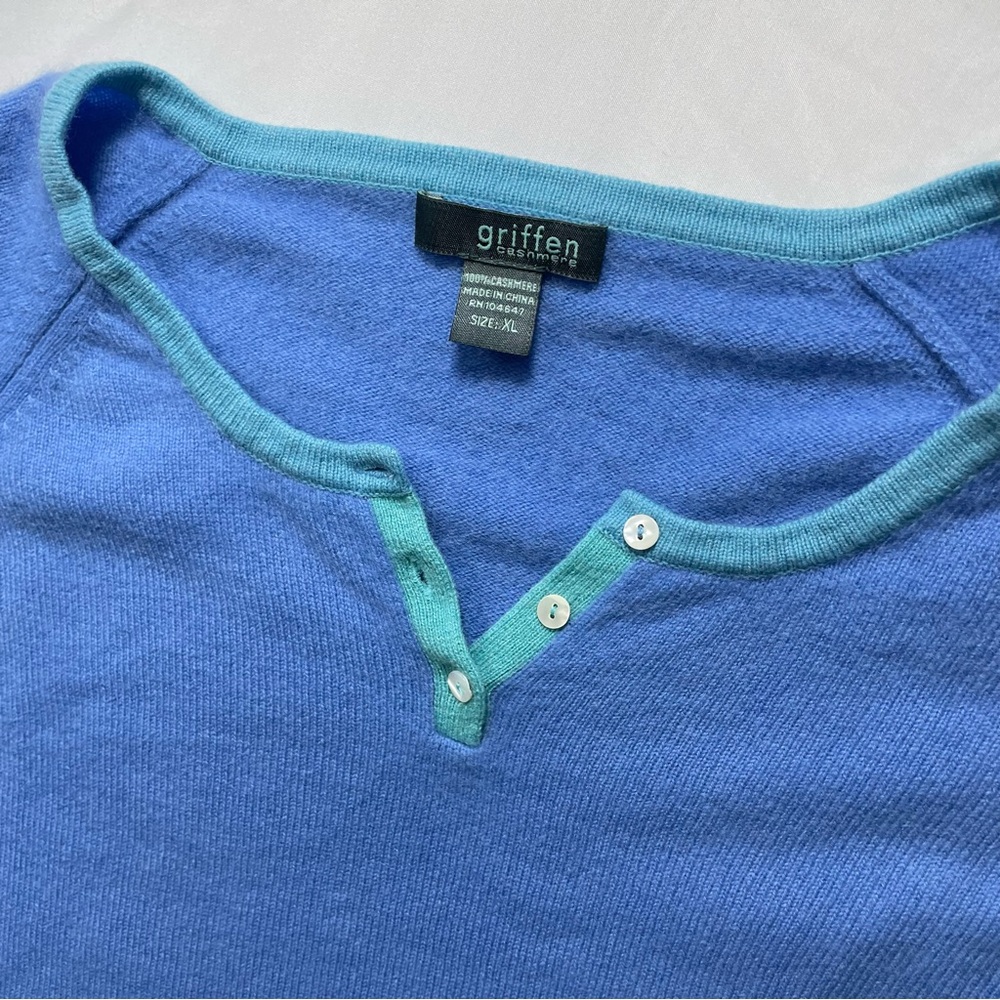Cashmere Sweater Periwinkle Blue Aqua Trim Soft XL - Picture 6 of 7